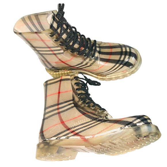 PLAID PATTERN ROUND TOE LACE UP RAIN BOOTS SIZE 9 - Picture 2 of 5